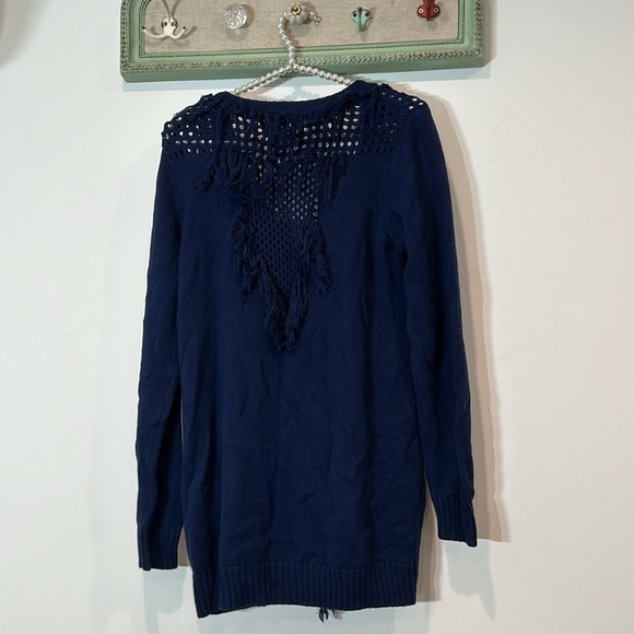 NWT CHASER Navy Blue Fringe Crochet Cable Knit Boho button front Sweater Medium - Picture 4 of 6